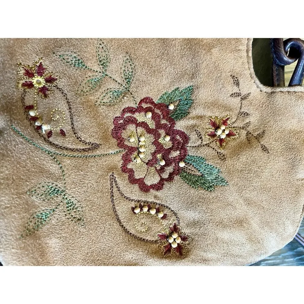 Liz Claiborne Shoulder Bag Medium Brown‎ Crossbody Boho Flower Embroidered VTG
